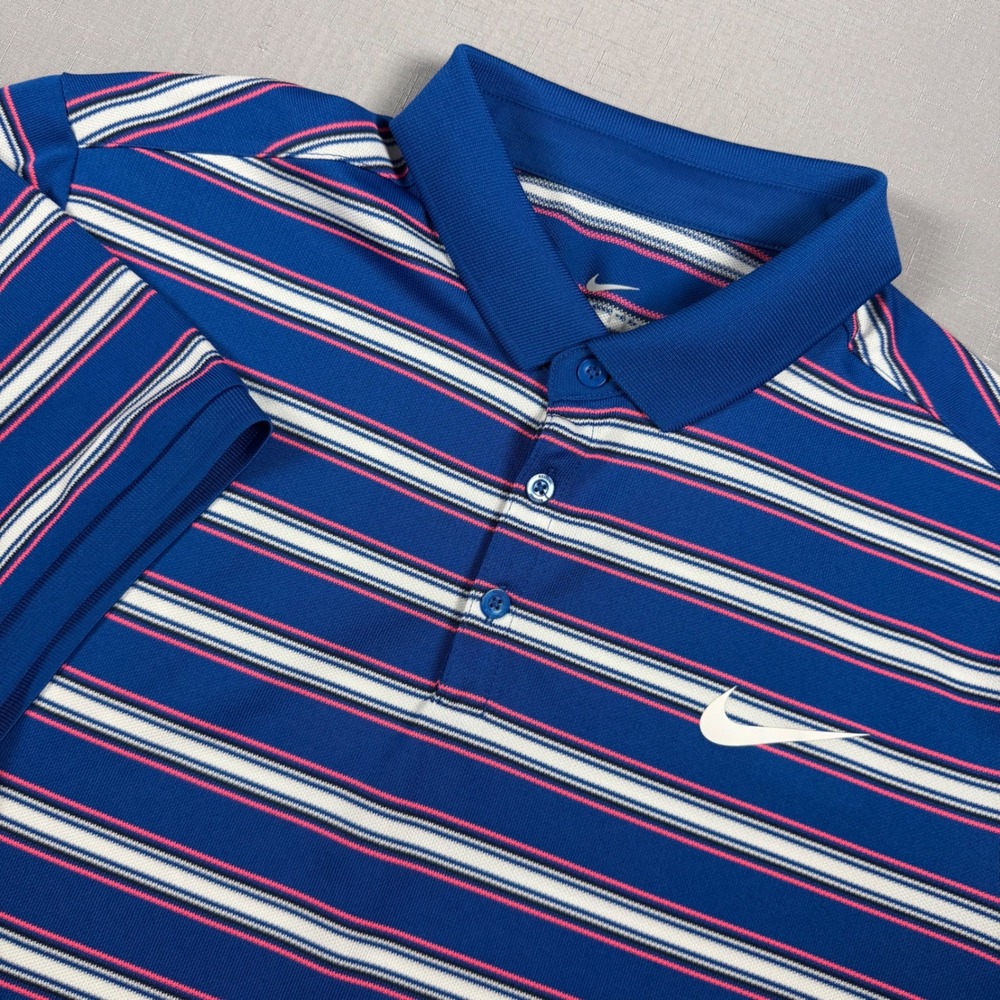 Nike Dri-FIT Mens Large Blue Striped Short Sleeve Golf Polo Shirt RN 56323